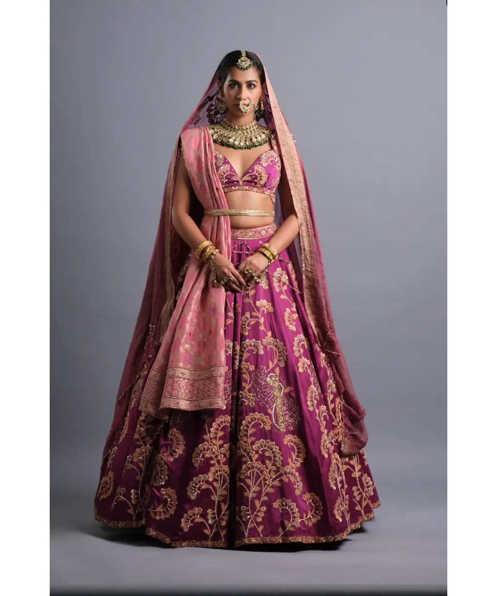 AASTHA SOOD - Dark carnation Pink Silk Lehenga - Bridal Look